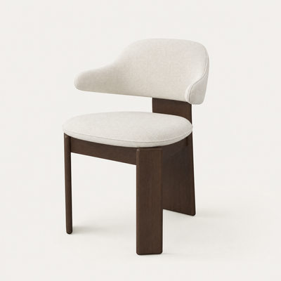 ACERKA Miami presents the Gaba Dining Armchair by Valerio Sommella, featuring a softly curved upholstered backrest, generous seat, and sculptural Dark Oak frame.