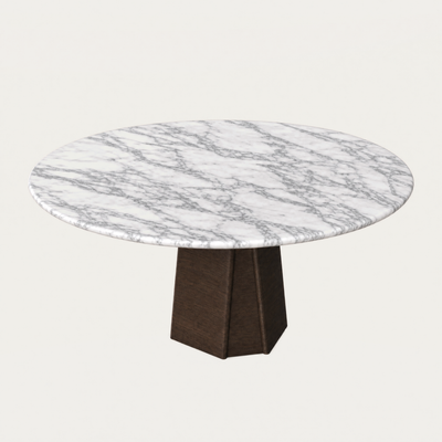 Luminous tonal variations sweep across the Arabescato Marble surface of Valerio Sommella’s Chuli Round Dining Table, showcased at ACERKA Miami.