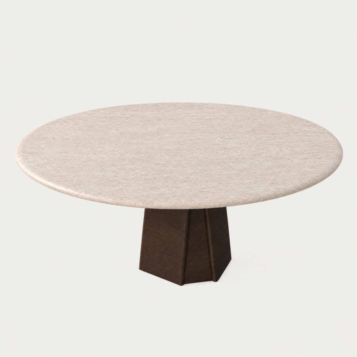 Natural tonal variations and organic stone movement define Valerio Sommella’s Chuli Round Dining Table, available in Italian Light Travertine at ACERKA Miami.