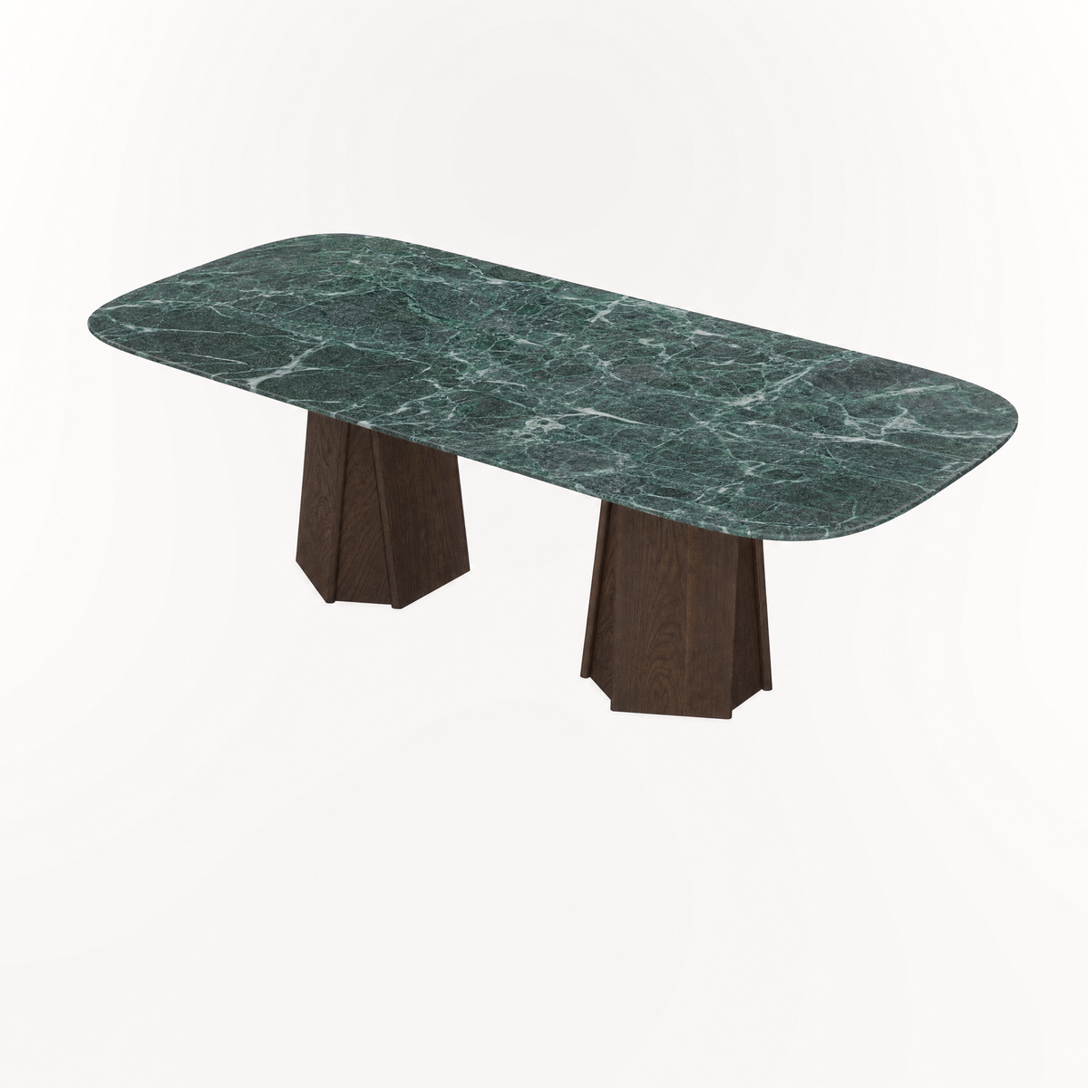 Dramatic green tones and natural veining distinguish Valerio Sommella’s Chuli Rectangular Dining Table, crafted in Verde Alpi marble and available at ACERKA Miami.