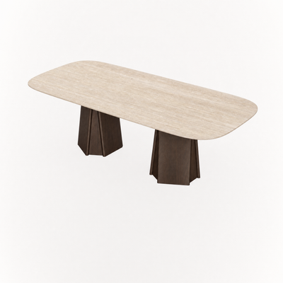 ACERKA Miami showcases Valerio Sommella’s Chuli Rectangular Dining Table, pairing a beveled travertine top with two sculptural tapered solid oak pedestals.