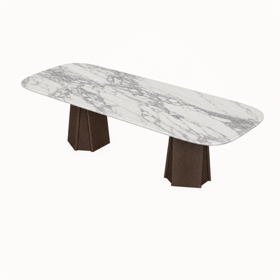 Soft white tones and distinctive gray veining shape the Arabescato marble surface of Valerio Sommella’s Chuli Rectangular Dining Table, available at ACERKA Miami.