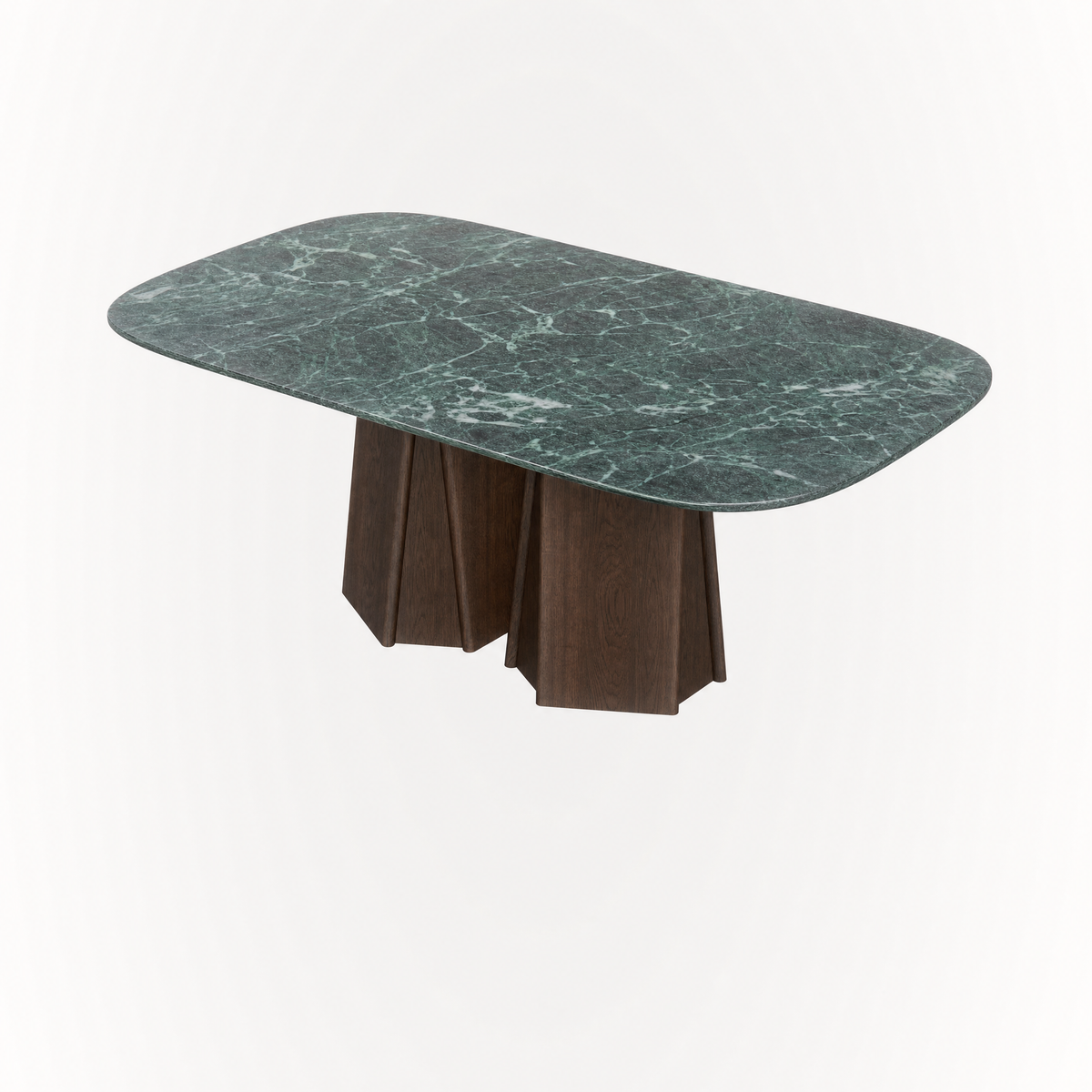 Deep green Verde Alpi marble with expressive natural veining defines Valerio Sommella’s Chuli Rectangular Dining Table, available at ACERKA Miami.