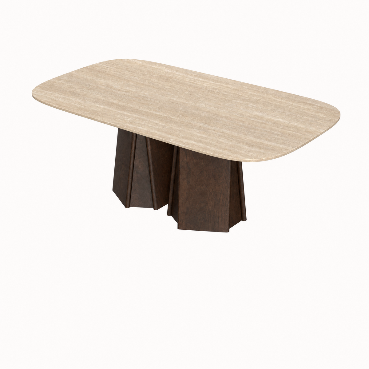 Warm Italian Classic Travertine meets architectural oak craftsmanship in Valerio Sommella’s Chuli Rectangular Dining Table, available at ACERKA Miami.