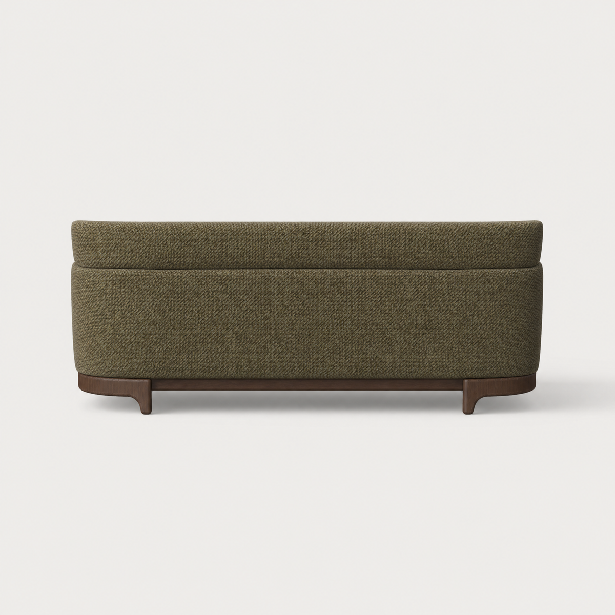The Sia Medium Sofa at ACERKA Miami features a balanced Olive Green silhouette supported by a curved oak base and slender integrated Dark Oak legs.