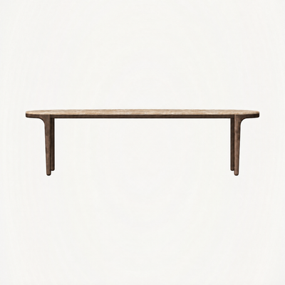 ACERKA Miami presents the Tcha Dining Table, combining a warm Italian Travertine top with a slender Dark Oak frame and refined four-leg silhouette.