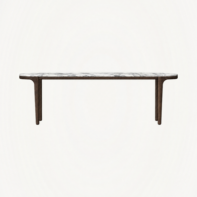 The Tcha Dining Table pairs expressive Italian Arabescato marble with a streamlined Dark Oak structure, available at ACERKA Miami.