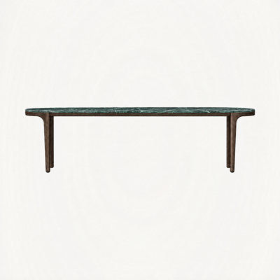 ACERKA Miami presents the Tcha Dining Table, featuring a dramatic Verde Alpi marble top with deep green tones and a slender Dark Oak frame.