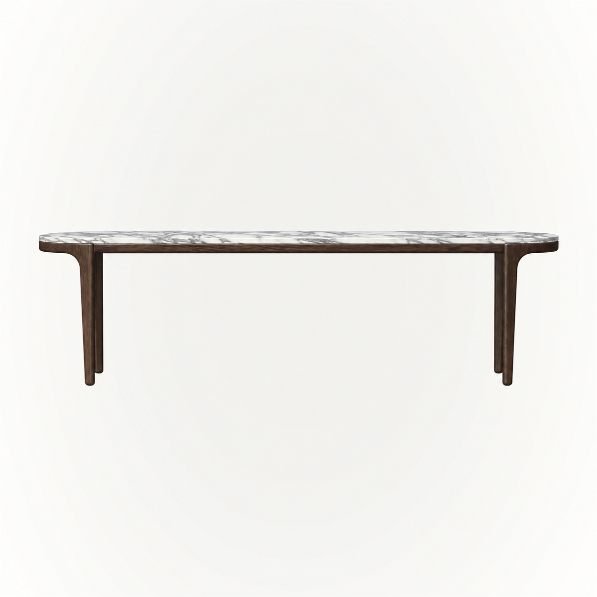 The Tcha Dining Table features an elongated Italian Arabescato marble top and slender Dark Oak frame, available at ACERKA Miami.