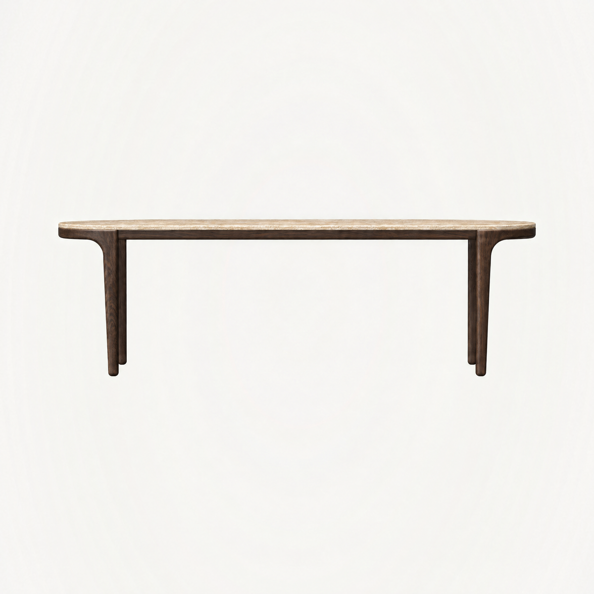Warm Italian Travertine meets a streamlined Dark Oak structure in the Tcha Dining Table, available through ACERKA Miami.