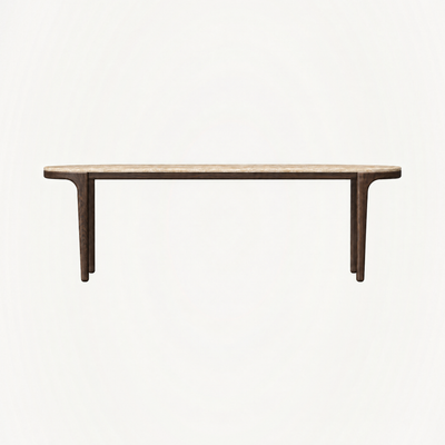 Warm Italian Travertine meets a streamlined Dark Oak structure in the Tcha Dining Table, available through ACERKA Miami.