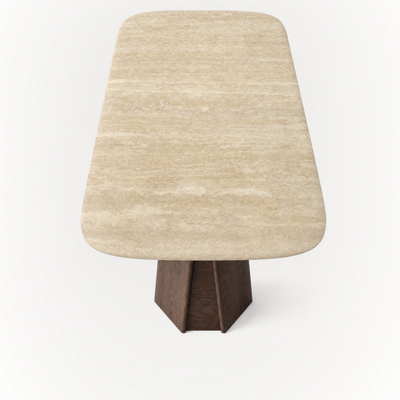 Warm tones and organic stone texture define the Chuli Rectangular Dining Table, where ACERKA Miami showcases Valerio Sommella’s pairing of Classic Travertine and solid oak.