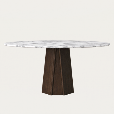 ACERKA Miami presents the Chuli Round Dining Table by Valerio Sommella, featuring a circular Italian Arabescato Marble top with expressive gray veining and a bold architectural base.
