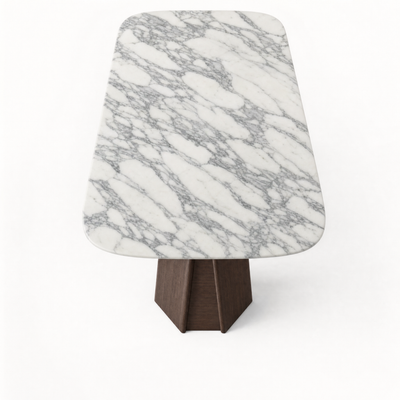 Designed by Valerio Sommella, the Chuli Rectangular Dining Table pairs naturally unique Arabescato marble with architectural solid oak in the ACERKA Miami collection.