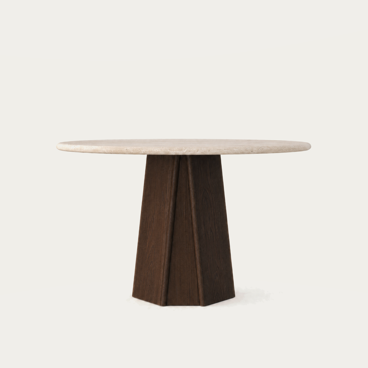 ACERKA Miami presents the Chuli Round Dining Table by Valerio Sommella, featuring an Italian Light Travertine top and bold architectural base.
