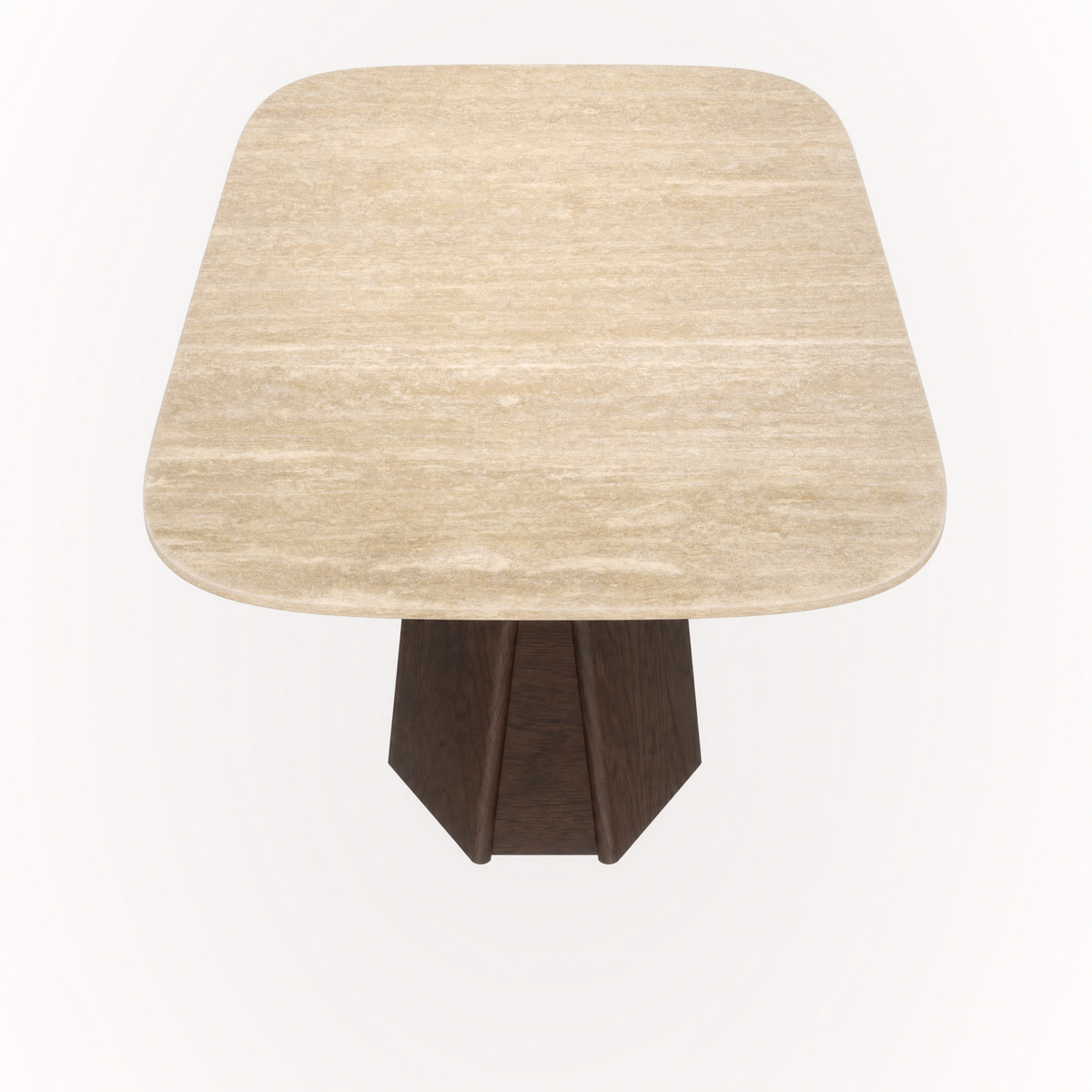 Designed by Valerio Sommella, the Chuli Rectangular Dining Table pairs naturally textured Classic Travertine with sculptural solid oak bases in the ACERKA Miami collection.
