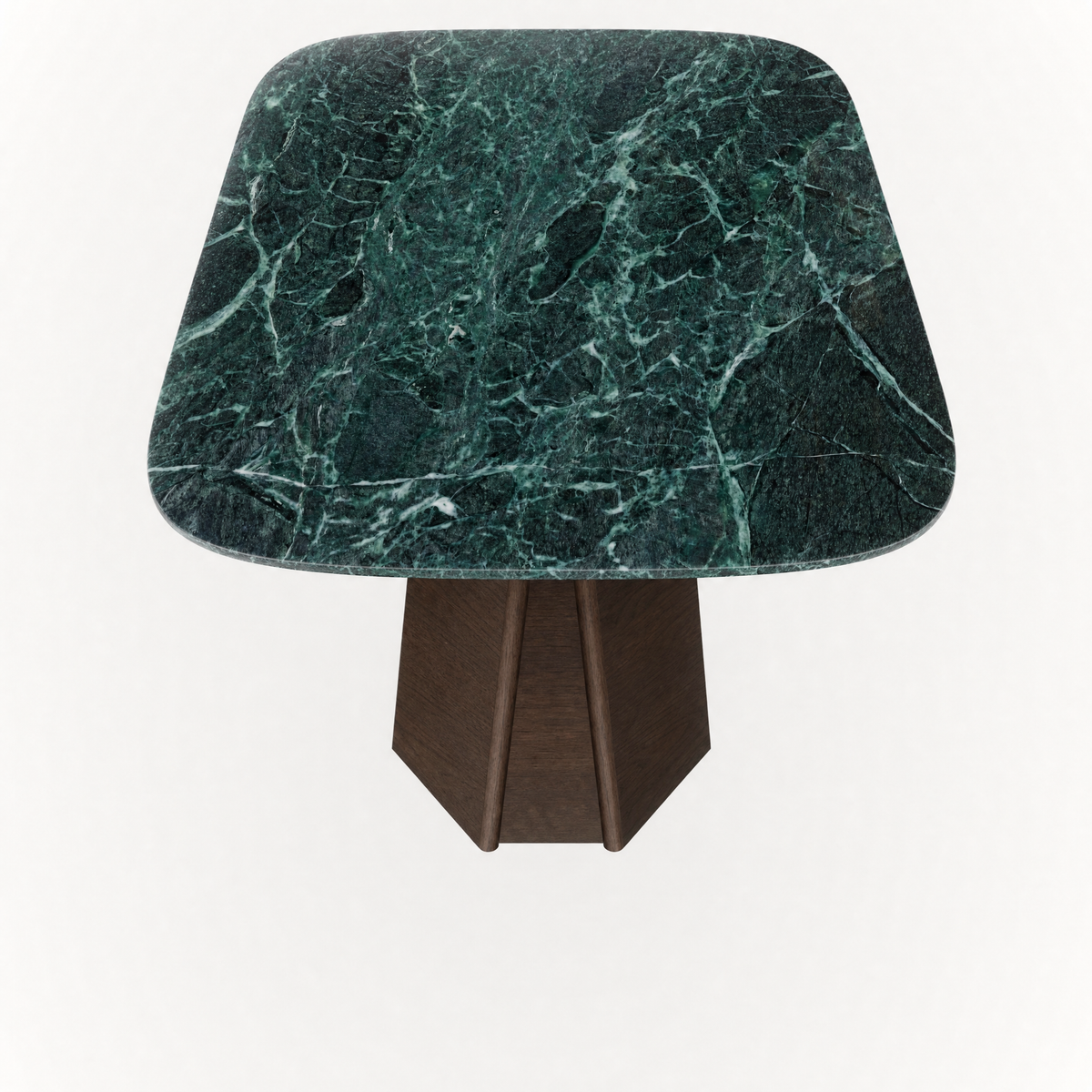 Designed by Valerio Sommella, the Chuli Rectangular Dining Table pairs richly veined Verde Alpi marble with a warm twin-pedestal oak base in the ACERKA Miami collection.