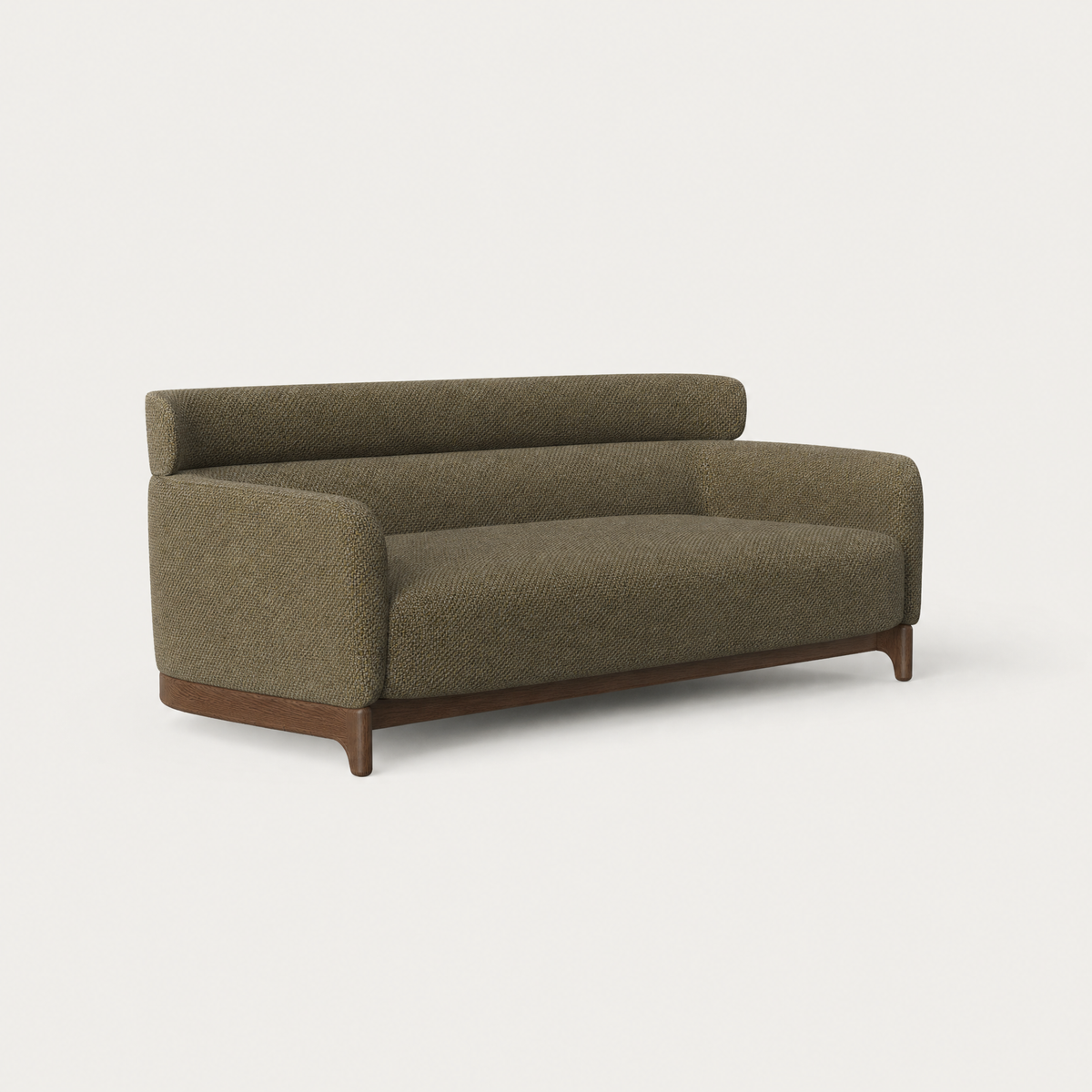 Rich Olive Green upholstery shapes Ramón Esteve’s Sia Medium Sofa, paired with a curved Dark Oak base and available at ACERKA Miami.