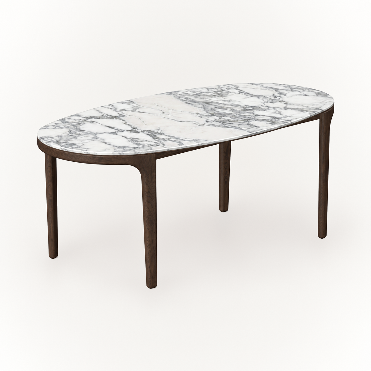 Expressive Arabescato marble gives the Tcha Dining Table its distinctive surface, balanced by streamlined Dark Oak legs and available at ACERKA Miami.