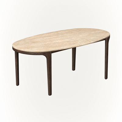 ACERKA Miami presents the Tcha Dining Table, where an elongated travertine surface rests on streamlined Dark Oak legs for a light architectural profile.