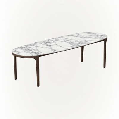 ACERKA Miami showcases the Tcha Dining Table, pairing expressive Arabescato marble with a streamlined four-leg Dark Oak structure.