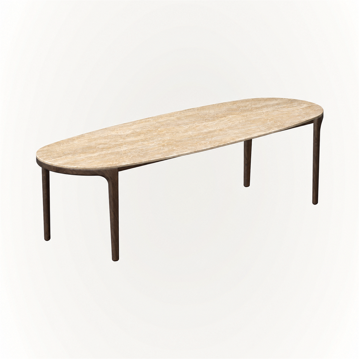 The Tcha Dining Table highlights the organic character of Italian Travertine against a streamlined Dark Oak structure, available through ACERKA Miami.