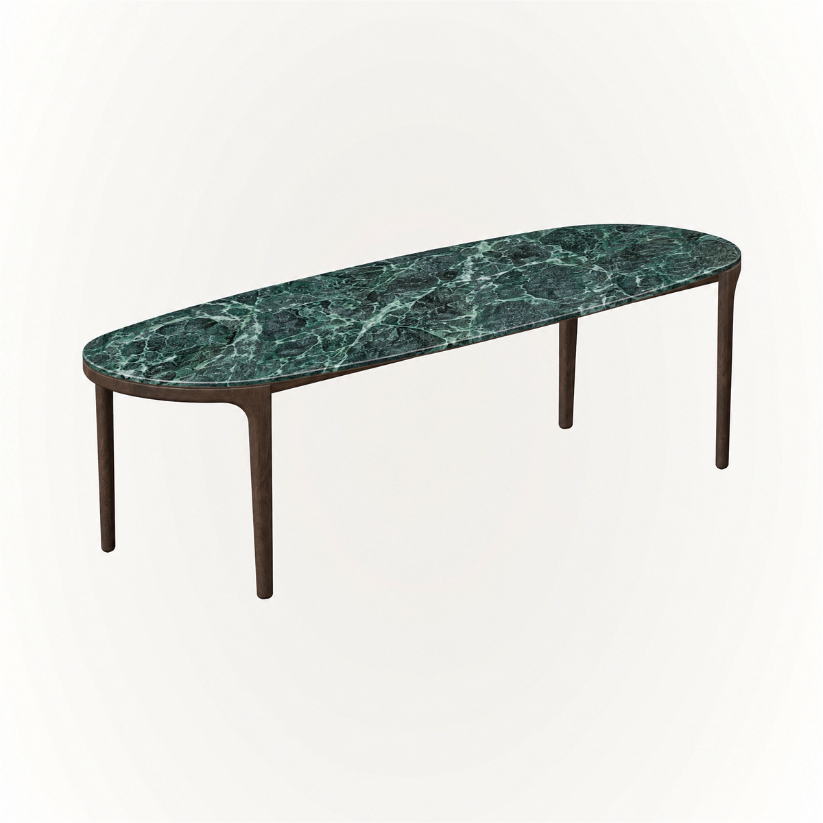 Rich Verde Alpi marble meets a refined four-leg Dark Oak structure in the Tcha Dining Table, available at ACERKA Miami.
