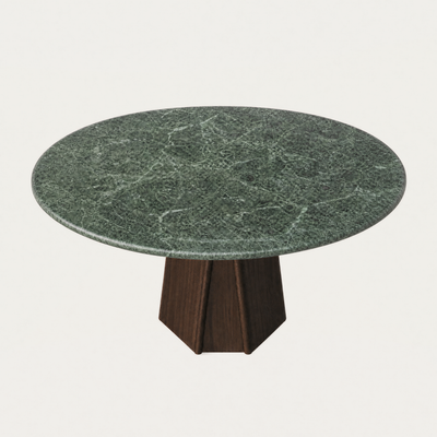 Designed by Valerio Sommella, the Chuli Round Dining Table combines richly veined Verde Alpi marble and warm sculpted oak within the ACERKA Miami collection.