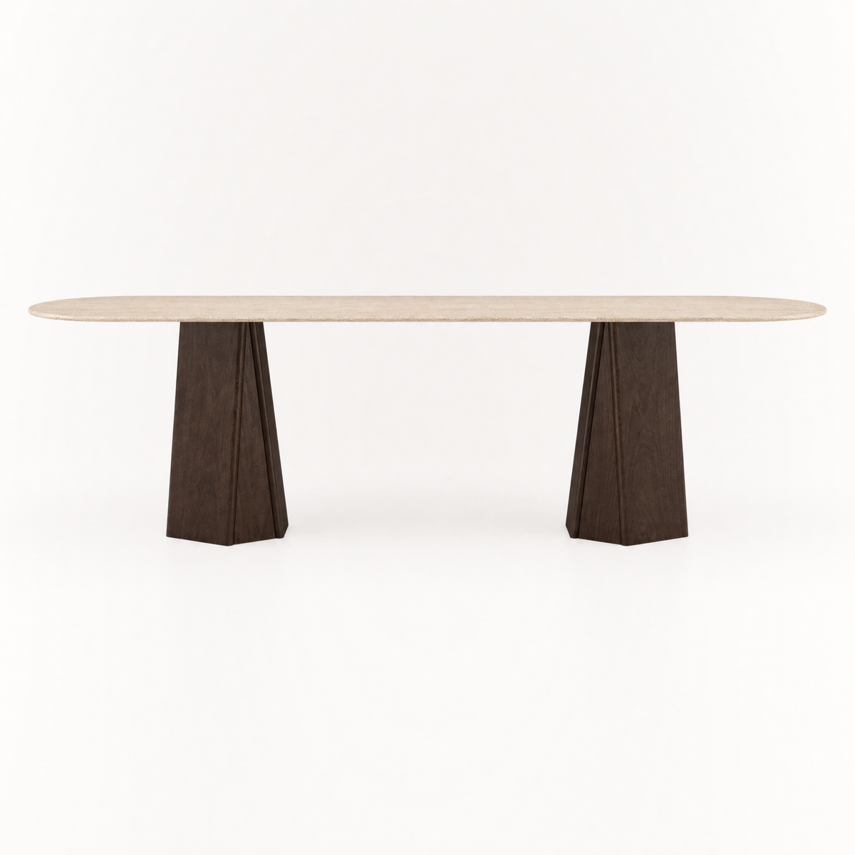 The Chuli Rectangular Dining Table by Valerio Sommella features warm Italian Classic Travertine and sculptural tapered oak pedestals, available at ACERKA Miami.