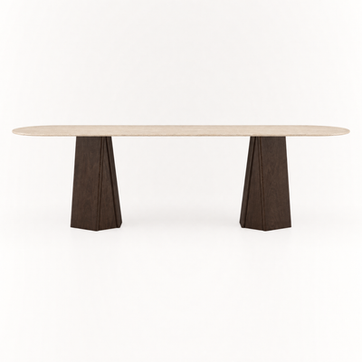 The Chuli Rectangular Dining Table by Valerio Sommella features warm Italian Classic Travertine and sculptural tapered oak pedestals, available at ACERKA Miami.