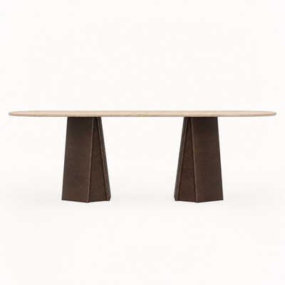 Italian Classic Travertine brings warm tones and organic texture to the Chuli Rectangular Dining Table by Valerio Sommella, presented by ACERKA Miami.