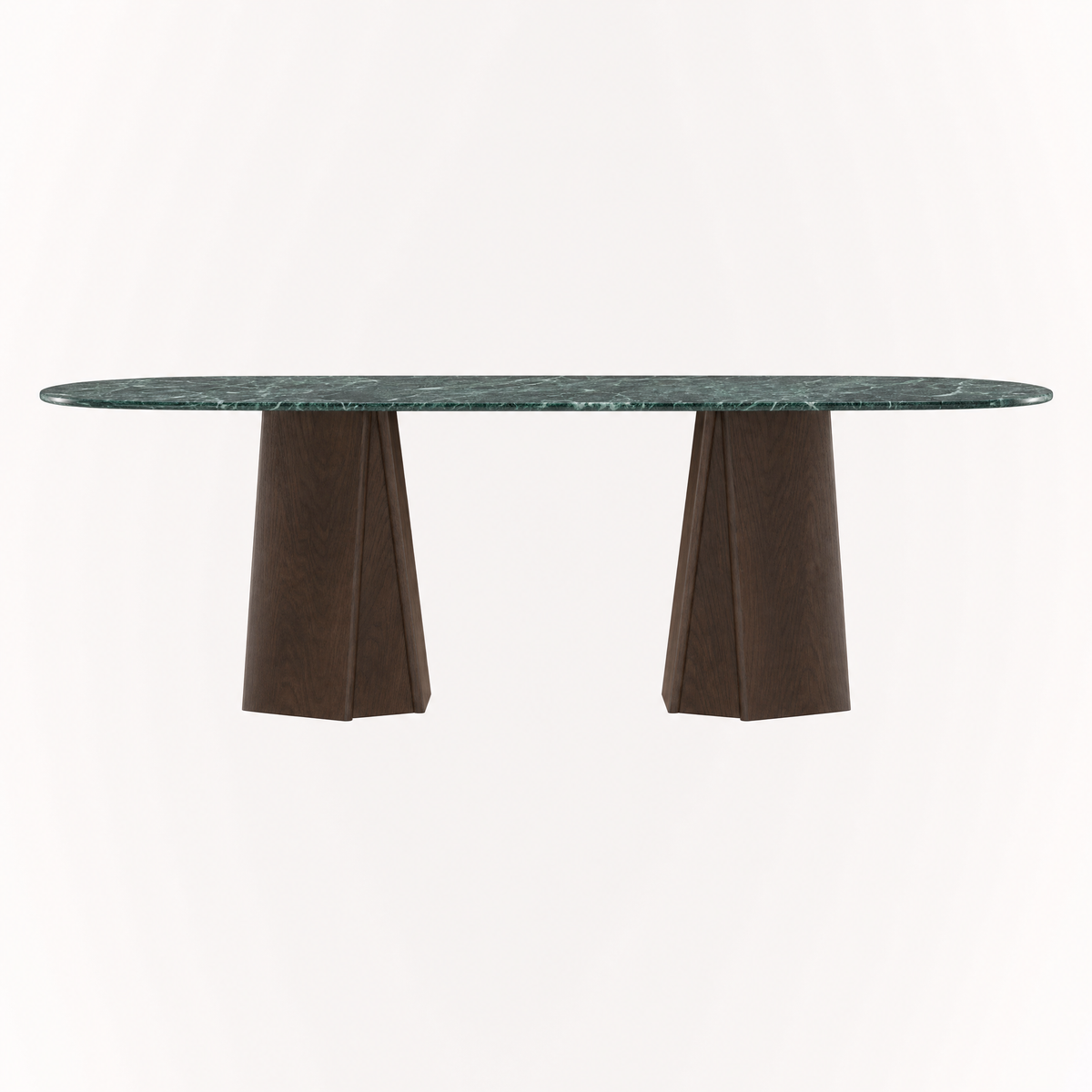ACERKA Miami presents the Chuli Rectangular Dining Table by Valerio Sommella, pairing a richly veined Verde Alpi marble top with sculptural twin oak pedestals.