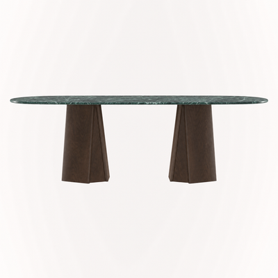 ACERKA Miami presents the Chuli Rectangular Dining Table by Valerio Sommella, pairing a richly veined Verde Alpi marble top with sculptural twin oak pedestals.