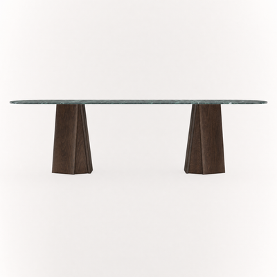 Deep green Verde Alpi marble defines the Chuli Rectangular Dining Table by Valerio Sommella, paired with sculptural oak pedestals and presented by ACERKA Miami.