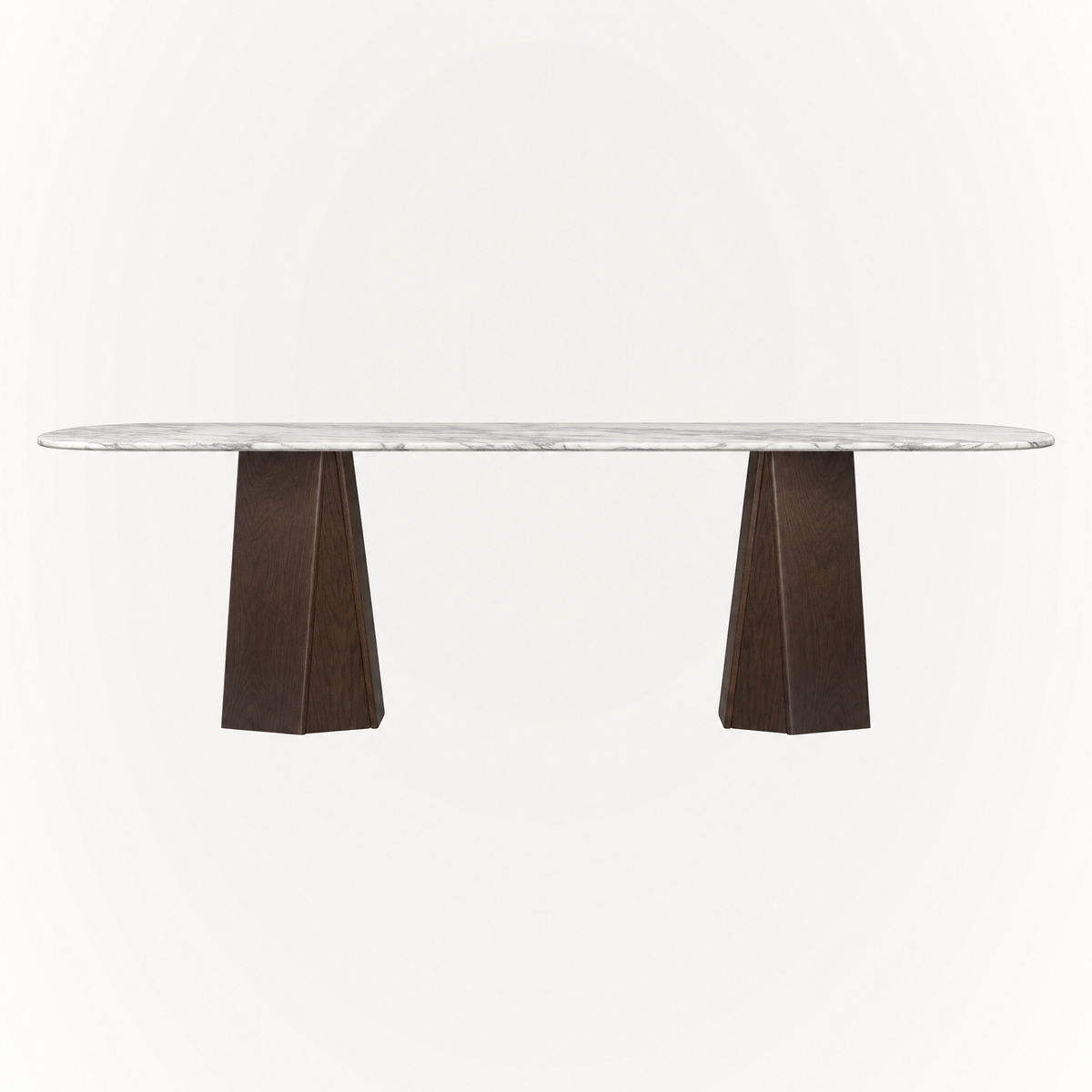 ACERKA Miami presents the Chuli Rectangular Dining Table by Valerio Sommella, featuring a striking Arabescato marble top with expressive gray veining and a sculptural solid oak base.