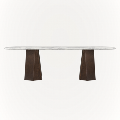 ACERKA Miami presents the Chuli Rectangular Dining Table by Valerio Sommella, featuring a striking Arabescato marble top with expressive gray veining and a sculptural solid oak base.