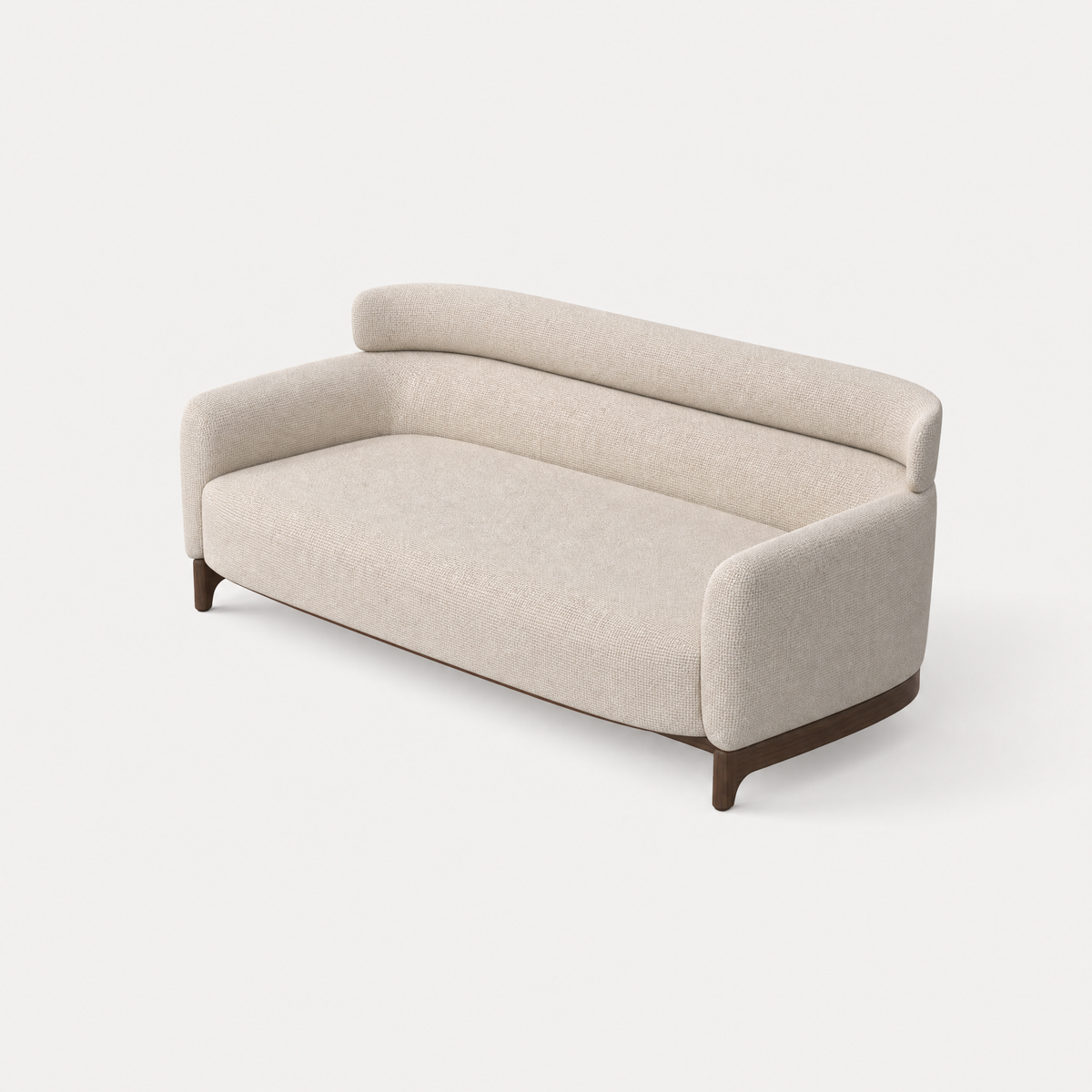 A softly enveloping backrest and rounded arms shape Ramón Esteve’s Sia Medium Sofa, presented by ACERKA Miami in Stone Beige with a Dark Oak base.