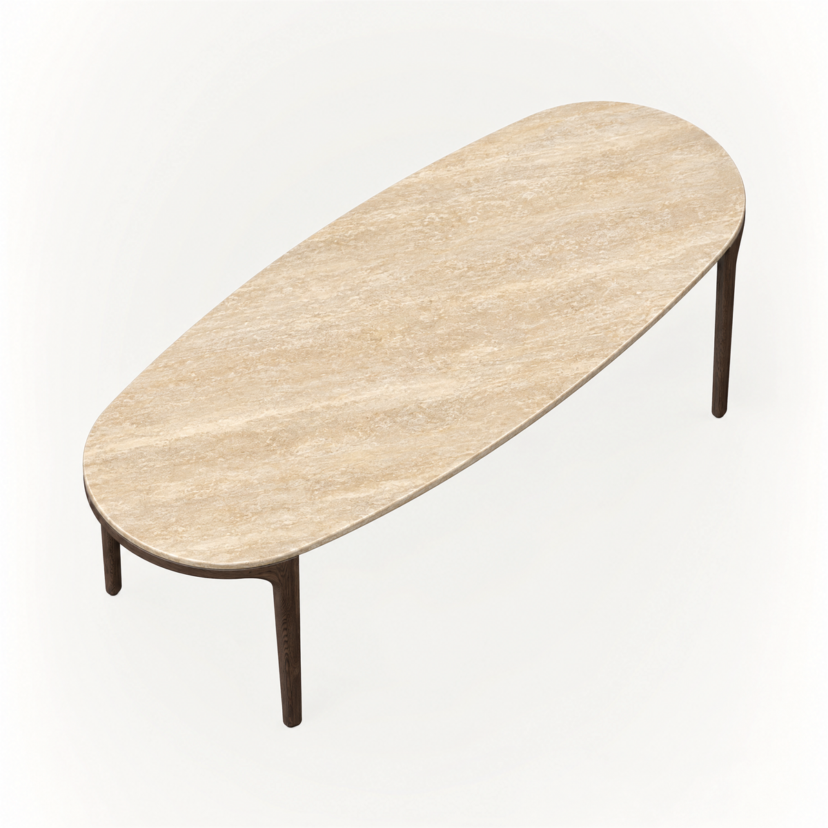 Italian Travertine defines the elongated tabletop of the Tcha Dining Table, balanced by a visually light Dark Oak frame and showcased at ACERKA Miami.