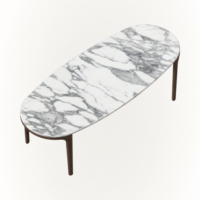 Italian Arabescato marble defines the substantial surface of the Tcha Dining Table, balanced by a light Dark Oak frame and showcased at ACERKA Miami.