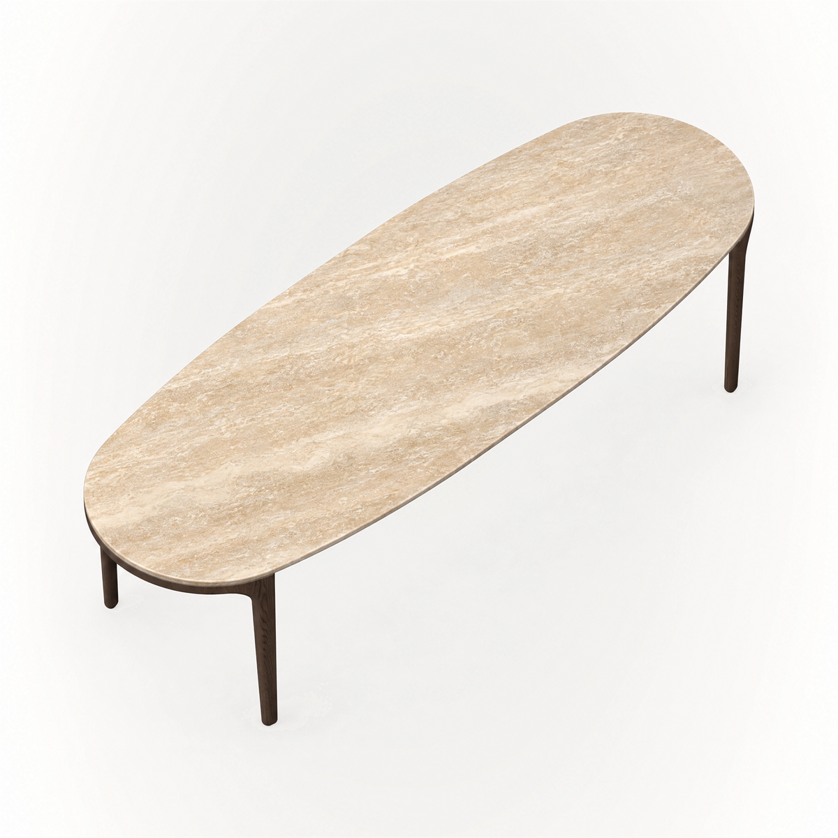 An elongated rounded travertine top gives the Tcha Dining Table its distinctive profile, paired with slender Dark Oak legs in the ACERKA Miami collection.