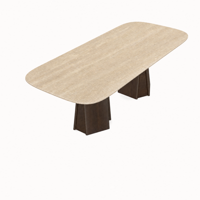 Designed by Valerio Sommella, the Chuli Rectangular Dining Table at ACERKA Miami features a naturally distinctive travertine surface and twin solid oak pedestal base.