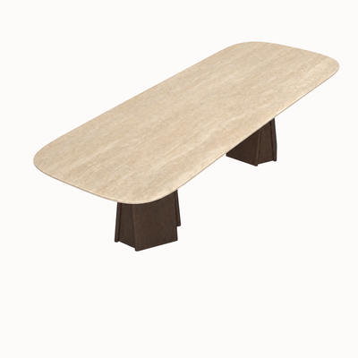 Designed by Valerio Sommella, the Chuli Rectangular Dining Table balances a substantial Italian travertine surface with twin sculptural oak pedestals at ACERKA Miami.