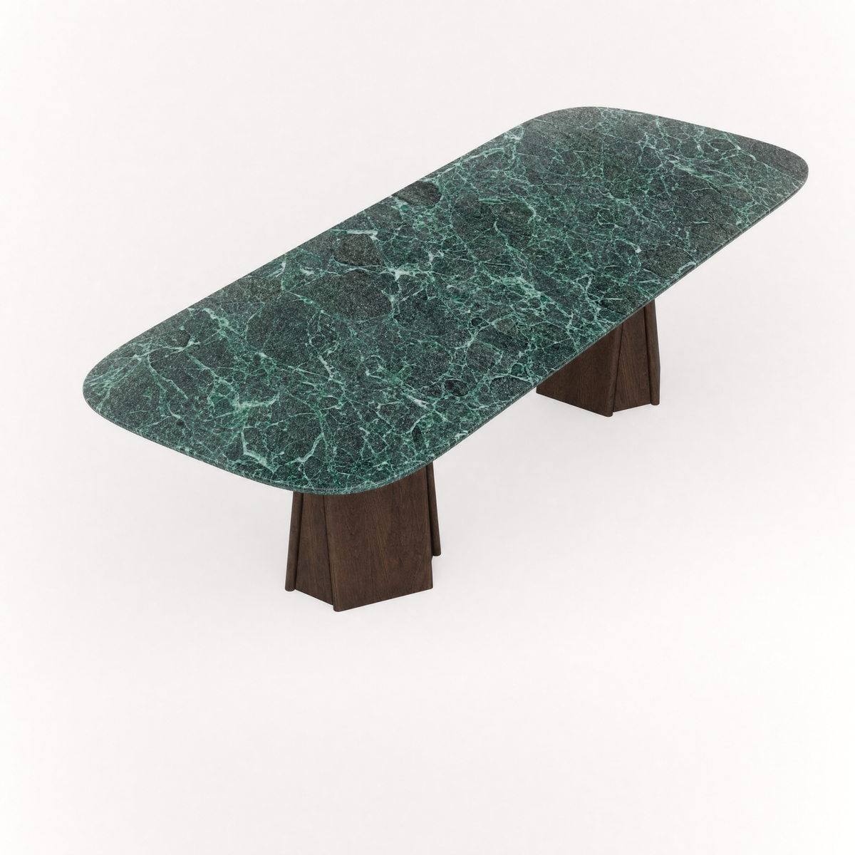 Designed by Valerio Sommella, the Chuli Rectangular Dining Table at ACERKA Miami features expressive Verde Alpi marble supported by two sculpted solid oak pedestals.