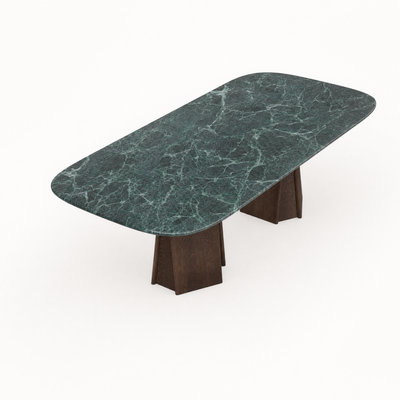 Designed with a striking marble surface and twin-pedestal oak base, the Chuli Rectangular Dining Table creates a sculptural focal point at ACERKA Miami.