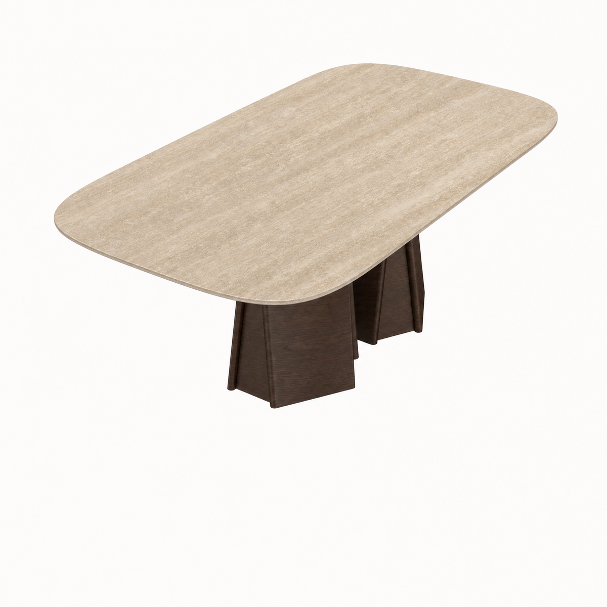 The Chuli Rectangular Dining Table at ACERKA Miami features a beveled Italian travertine surface resting on two distinctive tapered oak pedestals.