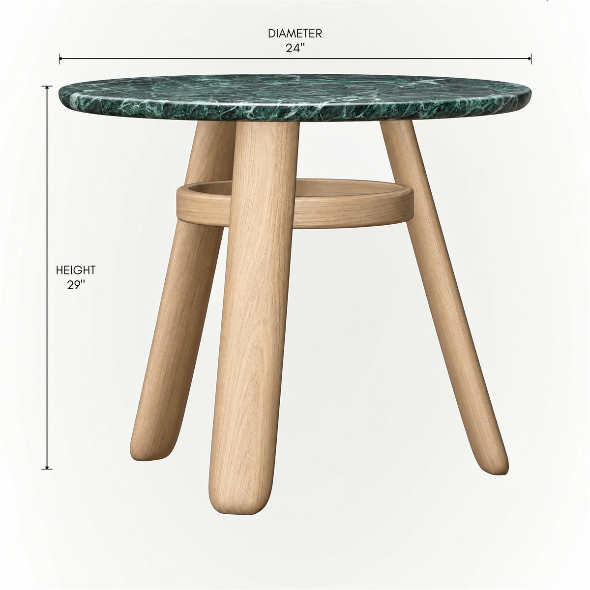 The Lifa Side Table by Ramón Esteve features a Verde Alpi stone top with distinctive natural veining, a solid oak frame, sculptural angled legs, and an integrated lower shelf for ACERKA Miami.
