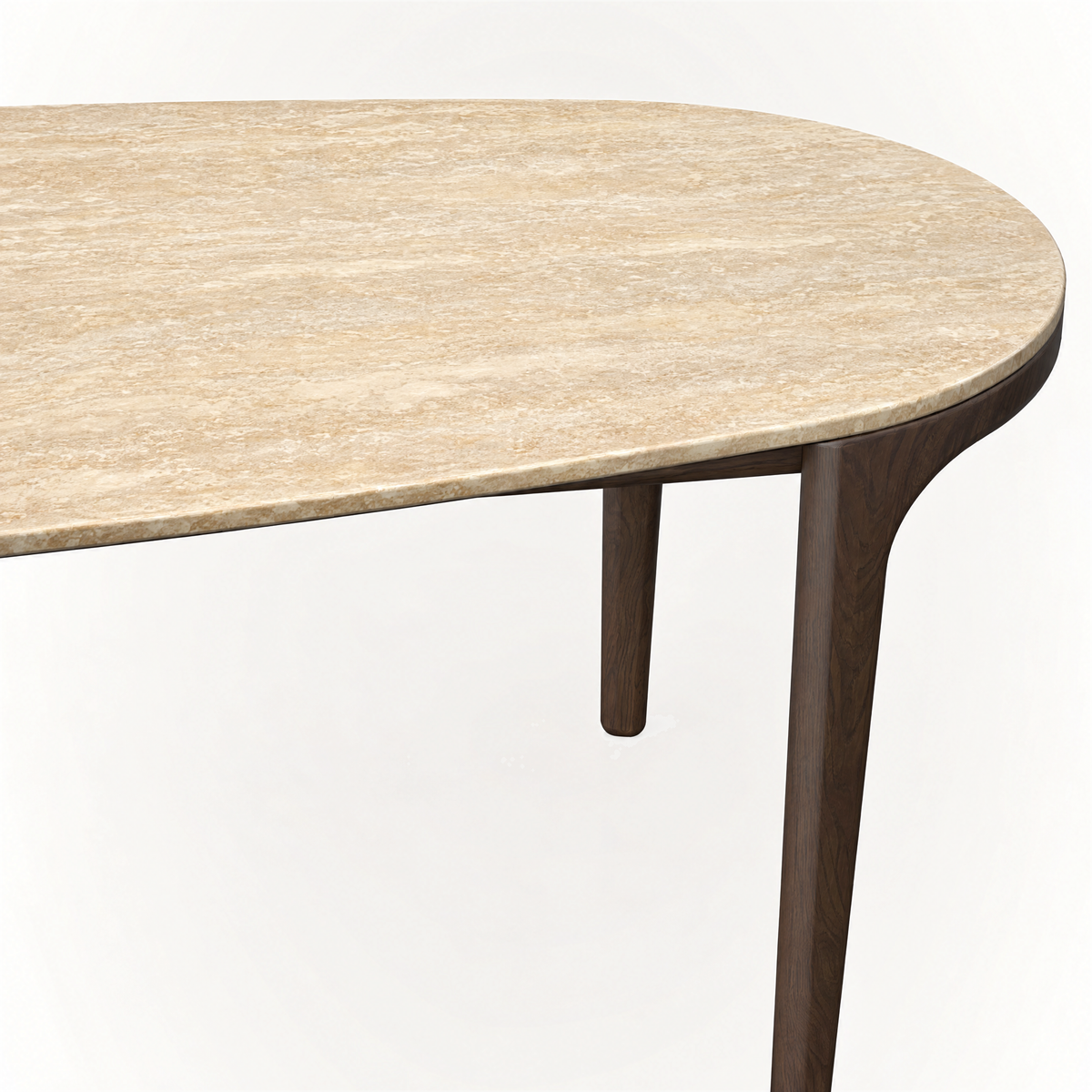 With its rounded natural stone top and slender four-leg silhouette, ACERKA Miami’s Tcha Dining Table combines substantial travertine with rich Dark Oak.
