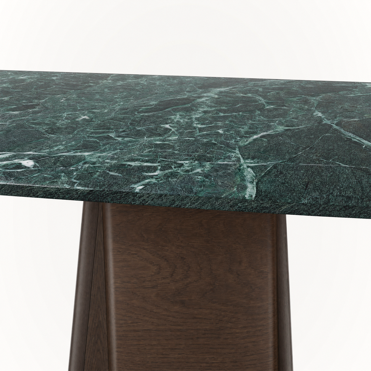Dramatic natural veining gives the Verde Alpi marble top its distinctive character, while ACERKA Miami’s Chuli Rectangular Dining Table pairs it with Natural Oak or Dark Oak.