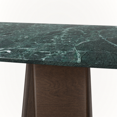 Dramatic natural veining gives the Verde Alpi marble top its distinctive character, while ACERKA Miami’s Chuli Rectangular Dining Table pairs it with Natural Oak or Dark Oak.