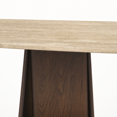 Italian Classic Travertine rests above Natural Oak or Dark Oak supports in ACERKA Miami’s Chuli Rectangular Dining Table, creating a refined contrast of stone and timber.